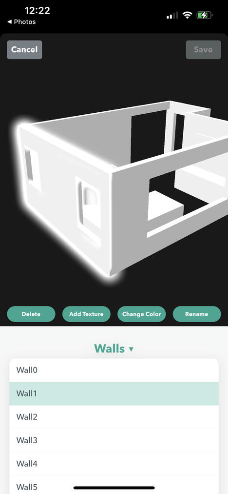 roomplan ios app screenshot, advanced editing for lidar scanner for interior spaces and rooms.